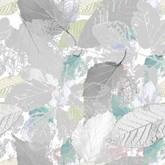 Seamless Botanical pattern with leaves in gray, white tones.