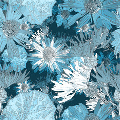 Seamless floral retro pattern in blue and white colors.