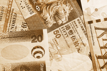Different Hong Kong dollars bills close up. Retro style money background