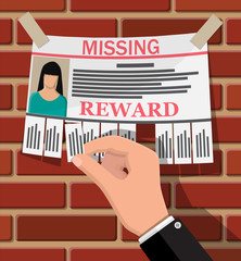 Wanted person paper poster. Missing announce. Information tear off papers. Search for lost person in big city. Vector illustration in flat style