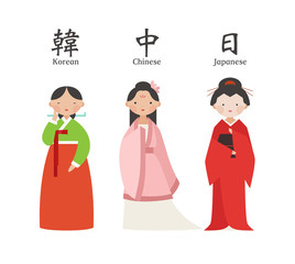 Female character set wearing Korean, Chinese, Japanese traditional costume. flat design style minimal vector illustration.