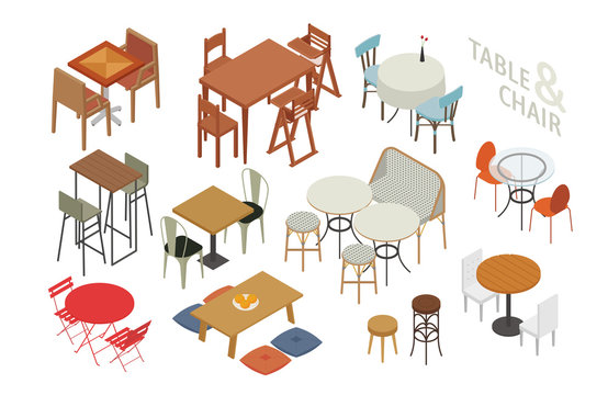 chair and table. Set of isometric furniture in various styles. flat design style minimal vector illustration.