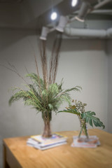 Cozy coffee shop with wooden furniture set