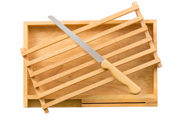 Kitchenware, Isolated vintage cutting bread wood block and tray with stainless steel knife on white background