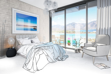 Bedroom with Panoramic Sea View by Daylight (draft) - 3d visualization