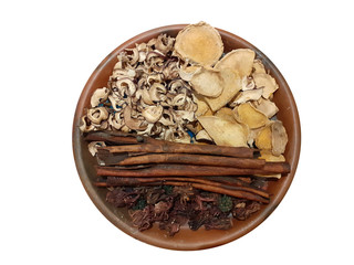 Traditional Natural Healthy Cooking Ingredients on Porcelain Plate in White Isolated Background