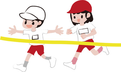 ゴールテープを切る男の子と女の子