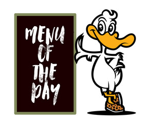 Cartoon duck standing beside the menu board, character illustration - vector