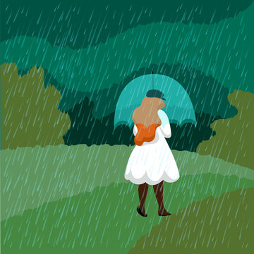 girl in the rain. woman with umbrella. vector image of a person from the back
