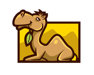 Cartoon cute camel eating leaf. Camel character mascot - vector illustration