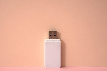 Pink color background and white USB memory storage.
