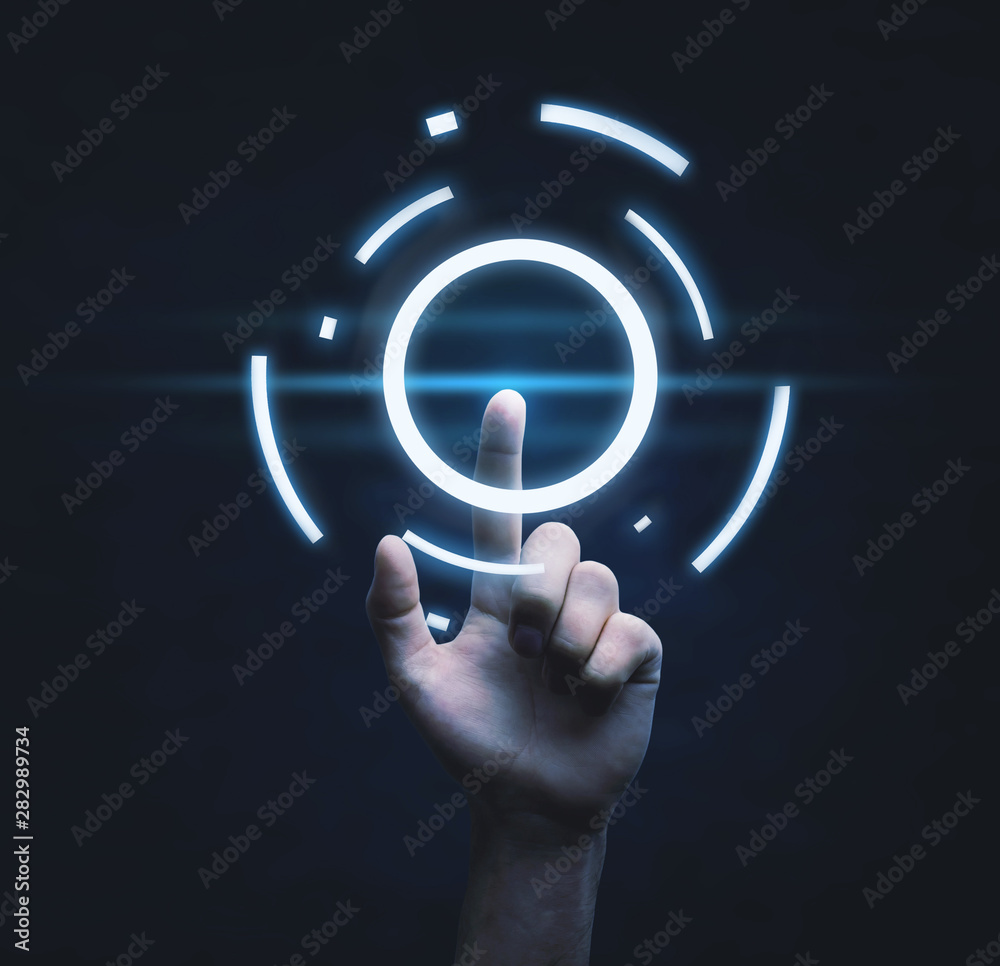 Poster man hand touching in digital virtual screen.