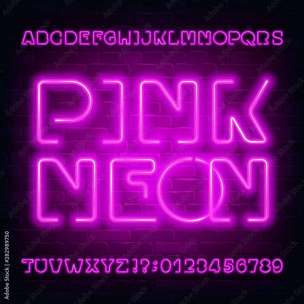 Fototapete pink neon alphabet font. modern light bulb letters and numbers on brick wall background. stock vecto
