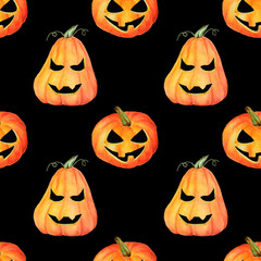 Seamless hand drawn  watercolor pattern. Pumpkins on black background