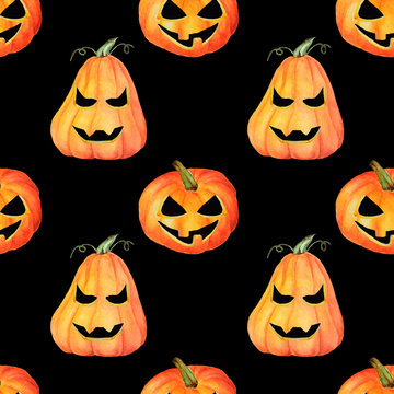 Seamless hand drawn  watercolor pattern. Pumpkins on black background