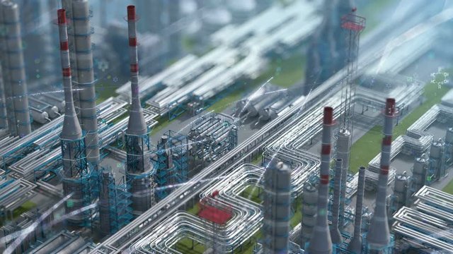 Oil and gas refinery plant factory with chemical formula design, clear isometric view, defocus shot, industry petroleum zone, pipe steel and oil storage tank. Aerial drone fly 3D generated background