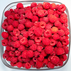 Fresh organic raspberries in a plastic tray. isolated on white background.