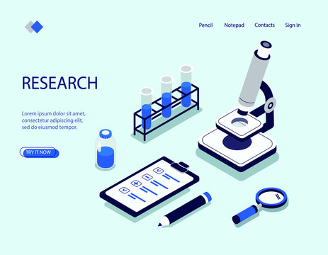 Isometric image of the laboratory. Visualization on a white background of a microscope, the concept of a medical laboratory, research and experiments, a check-list with a pencil. Vector illustration.
