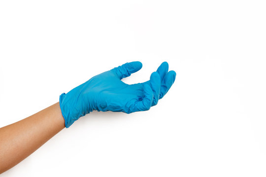 hand in a blue rubber glove holding something on white background