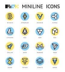 Crypto currency thin line color background icons