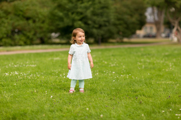 childhood, leisure and people concept - happy baby girl on green meadow at summer park