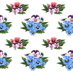 Seamless pattern with colorful Pansies isolated on white background. 