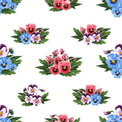 Seamless pattern with colorful Pansies isolated on white background. 