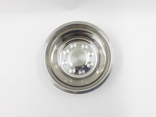 Silver Stainless Steel Metallic Bowl for Dog Food in White Isolated Background