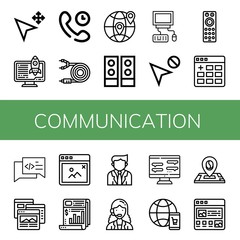 Set of communication icons such as Cursor, Server, Technical Support, Card, Earth, Speakers, Computer, Remote control, Add, Chat, Browser, Pop up, Newspaper, Businessman , communication