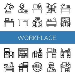 Set of workplace icons such as Desk lamp, Desk, Reception, Meeting, Office desk, Co, Office worker , workplace