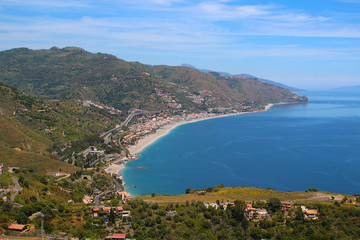 Fototapeta premium Aerial view at the Taormina coast and the highway to Messina on the island of Sicily, Italy