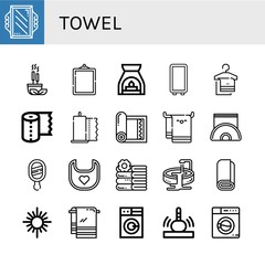 Set of towel icons such as Mirror, Incense, Aromatherapy, Towel, Paper towel, Yoga mat, Beach Napkin holder, Bib, Towels, Jacuzzi, Roll, Washing machine, Massage ,