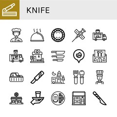 Set of knife icons such as Paper cutter, Chef, Cloche, Plate, Cannula, Food truck, Restaurant, Knife, Fire location, Steak, Scalpel, Camping, Cutlery, Pizza shop, Serve , knife