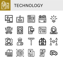 Set of technology icons such as Receptionist, Responsive, Wedding photo, Search engine, Credit card, Idea, Robot, Hard drive, Computer, Password, Scientist, Programmer , technology