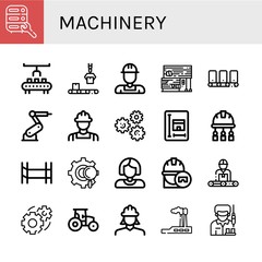 Set of machinery icons such as Maintenance, Robot arm, Conveyor, Worker, Rubber land, Industrial robot, Engineer, Gears, Blueprint, Scaffolding, Gear, Tractor, Industry , machinery