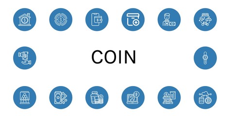 Set of coin icons such as Coin, Dollar, Wallet, Add package, Banker, Economy, Candy machine, Money, Money jar, Bitcoin, Banking, Cryptocurrency, Pay, Time is money , coin