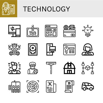 Set of technology icons such as Receptionist, Responsive, Wedding photo, Search engine, Credit card, Idea, Robot, Hard drive, Computer, Password, Scientist, Programmer , technology