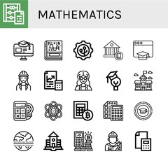Set of mathematics icons such as Abacus, Education, Calculus, Nanotechnology, School, Architect, Maths, Mathematician, Calculator, Physics, Equator , mathematics