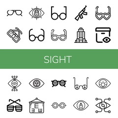 Set of sight icons such as Sunglasses, Glasses, View, Assault rifle, Empire state building, Vision, Eye test, Eye , sight