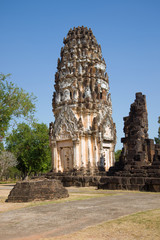 Ancient Khmer prang on the ruins of the Buddhist temple of Wat Phra Pai Luang on a sunny day. Sukhothai, Thailand