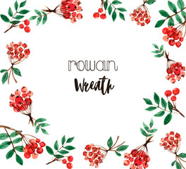 Thanksgiving watercolor illustration. Wreath, garland, rowan frame of autumn flowers, herbs and leaves painted in watercolor on a white background