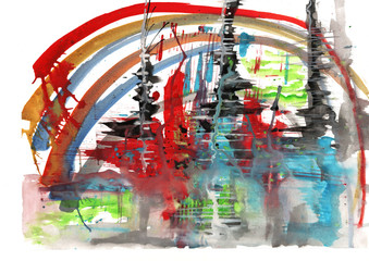 Children's drawing of a city reflected in the water with a rainbow