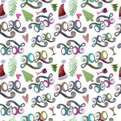 Seamless pattern watercolor NEW YEAR 2020 and Merry Christmas. On a white background, Christmas trees, numbers, gift, martini glass and heart. Created using the collage technique.