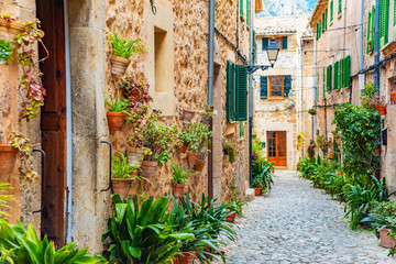 Street of Valldemossa old mediterranean village, landmark of Majorca, Spain island