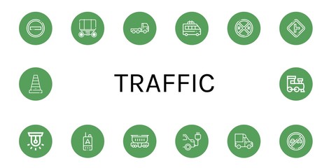 Set of traffic icons such as No entry, Wagon, Truck, Minivan, Railroad crossing, Intersection, Siren, Gps, Freight wagon, Electric car, Cargo truck, No overtaking, Cone , traffic