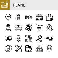 Set of plane icons such as Airport, Holidays, Train, Tram, Worldwide shipping, Flight attendant, Fly, Cable car, Earth, Bus, Air hostess, Logistics, Oxygen mask, Helicopter , plane