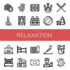 Set of relaxation icons such as Carpet, Incense, Volleyball, Inversion therapy, Essential oils, Hookah, Beach ball, Acupuncture, Bench, Aromatic candle, Bed, Sauna , relaxation
