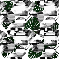 abstract geometric background pattern withh tropical leaves Monstera, retro/vintage style, with circles, square, strokes and splashes.oil texture, minimalism, black and white.