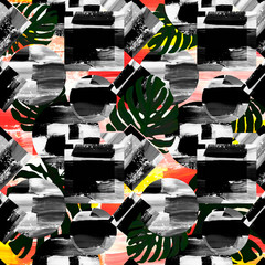 abstract geometric background pattern withh tropical leaves Monstera, retro/vintage style, with circles, square, strokes and splashes.oil texture, minimalism, black and white.Red and yellow background