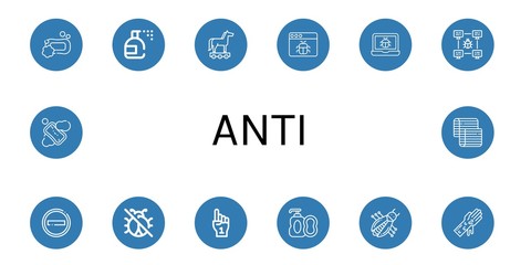Set of anti icons such as Soap, Insecticide, Trojan horse, Malware, Bug, No entry, No insects, Foam hand, Hand washing, Mattress , anti